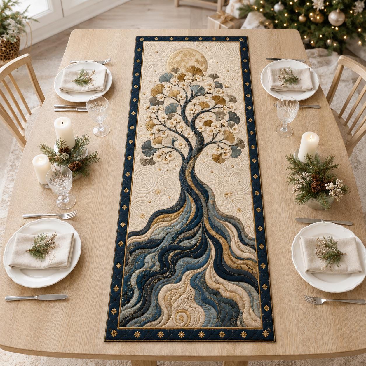 Elegant Floral Tree Botanical Table Runner – Quilt Style Cottage Farmhouse Centerpiece for Dining Table Decor - photo 4