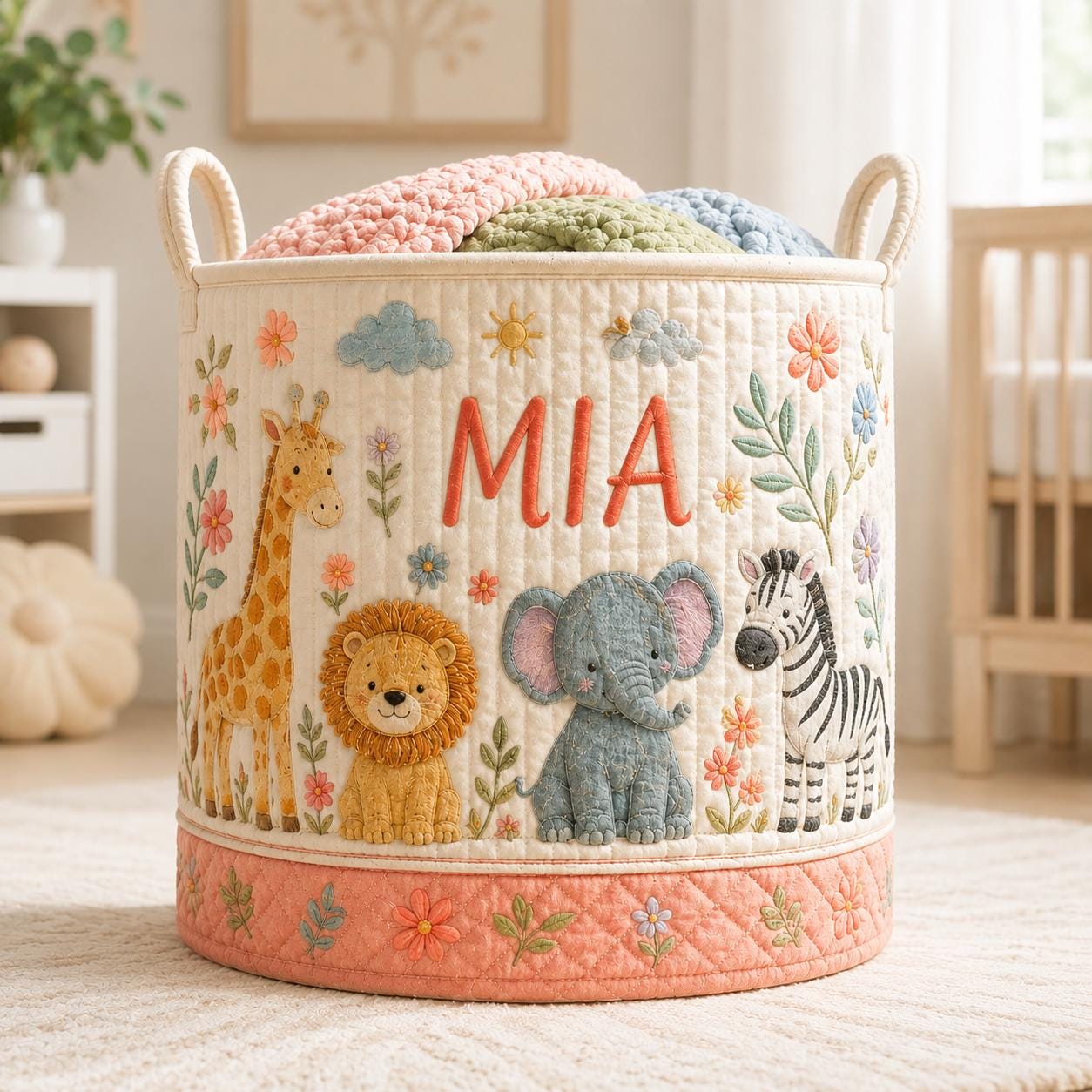 Personalized Baby Animal Quilted Laundry Basket and Nursery Hamper with Elephant Lion Motif – Cottagecore Blanket Storage