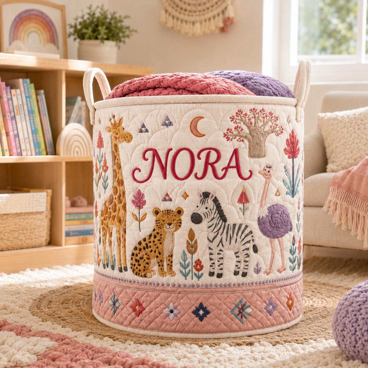 Personalized Baby Animal Quilted Laundry Basket and Nursery Hamper with Elephant Lion Motif – Cottagecore Blanket Storage - photo 2