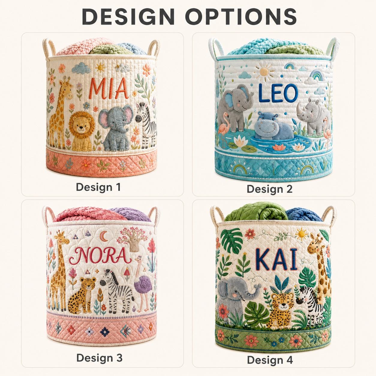 Personalized Baby Animal Quilted Laundry Basket and Nursery Hamper with Elephant Lion Motif – Cottagecore Blanket Storage - photo 3