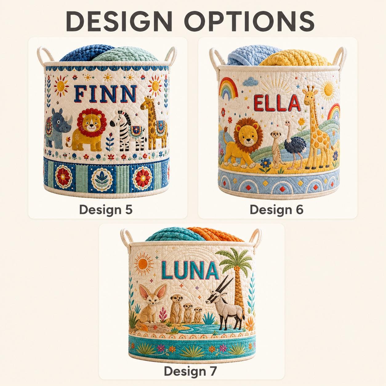 Personalized Baby Animal Quilted Laundry Basket and Nursery Hamper with Elephant Lion Motif – Cottagecore Blanket Storage - photo 4