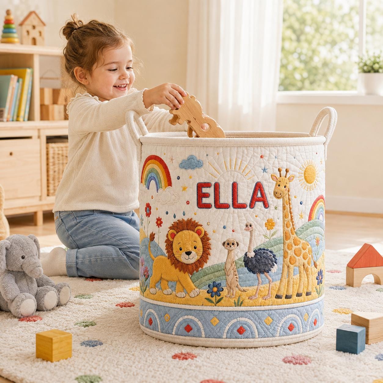 Personalized Baby Animal Quilted Laundry Basket and Nursery Hamper with Elephant Lion Motif – Cottagecore Blanket Storage - photo 6