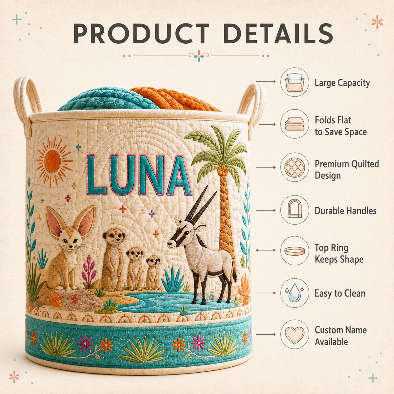 Personalized Baby Animal Quilted Laundry Basket and Nursery Hamper with Elephant Lion Motif – Cottagecore Blanket Storage - photo 7