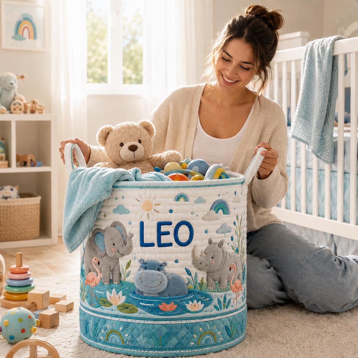 Personalized Baby Animal Quilted Laundry Basket and Nursery Hamper with Elephant Lion Motif – Cottagecore Blanket Storage - photo 8