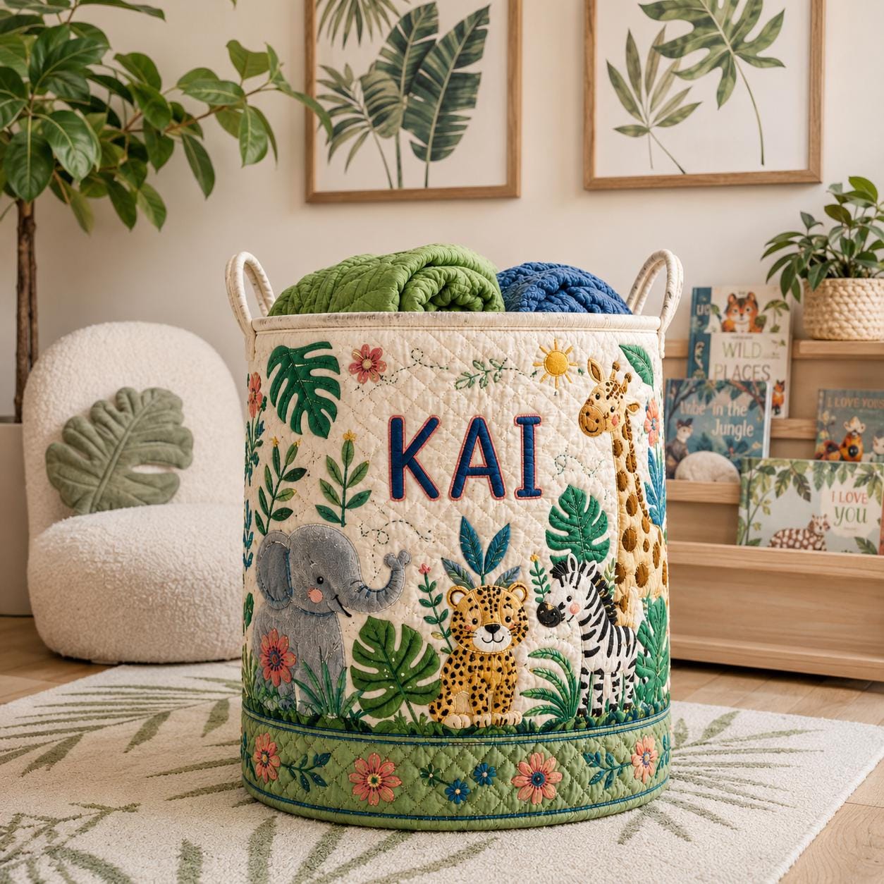 Personalized Baby Animal Quilted Laundry Basket and Nursery Hamper with Elephant Lion Motif – Cottagecore Blanket Storage - photo 9