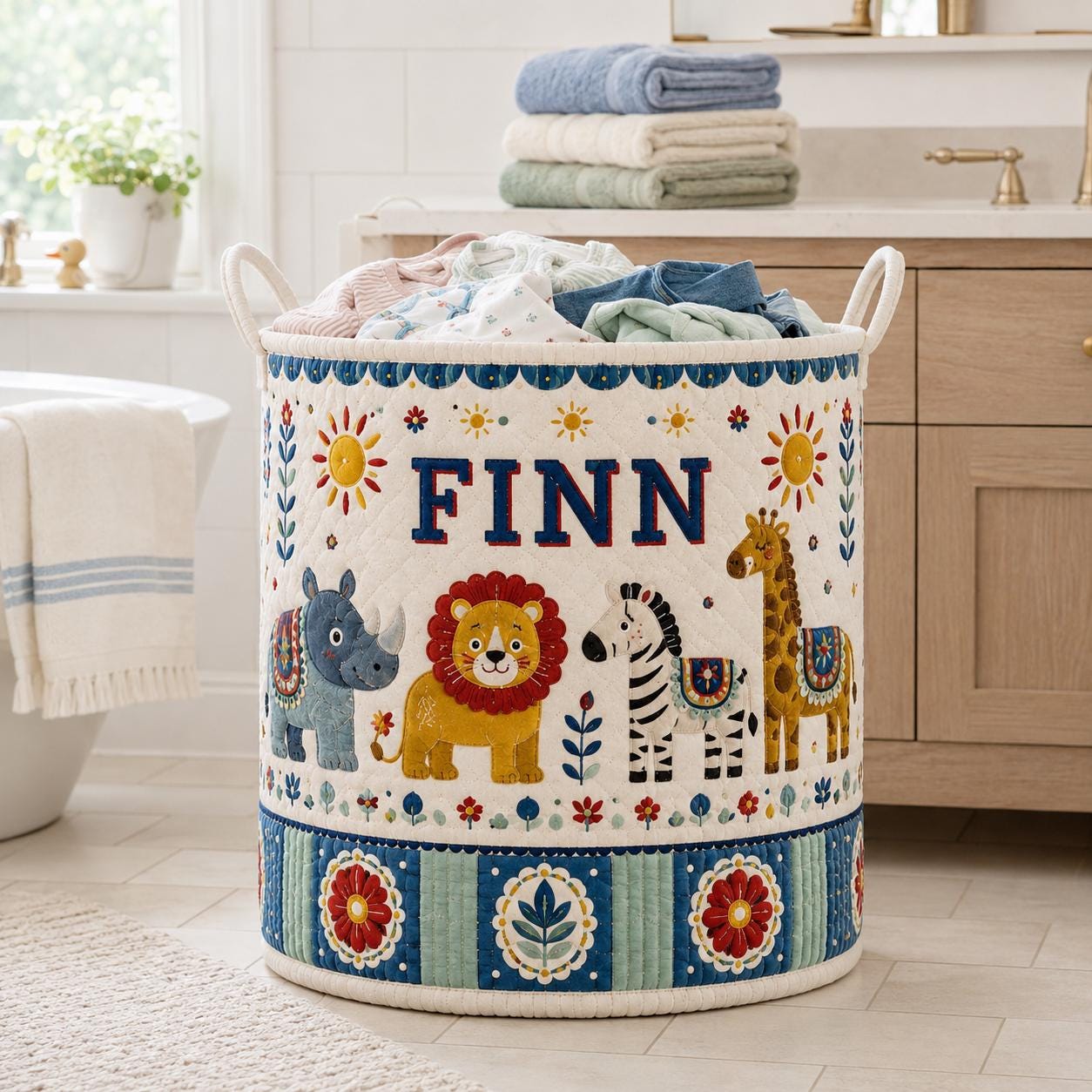 Personalized Baby Animal Quilted Laundry Basket and Nursery Hamper with Elephant Lion Motif – Cottagecore Blanket Storage - photo 10