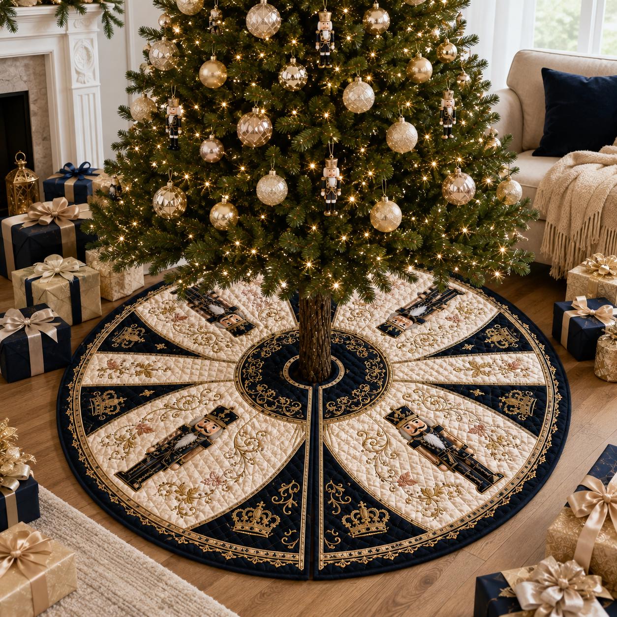 Nutcracker Quilted Christmas Tree Skirt with Holiday Tree Mat, Classic Nutcracker Decor, Quilted Tree Base, and Christmas Gift for Family