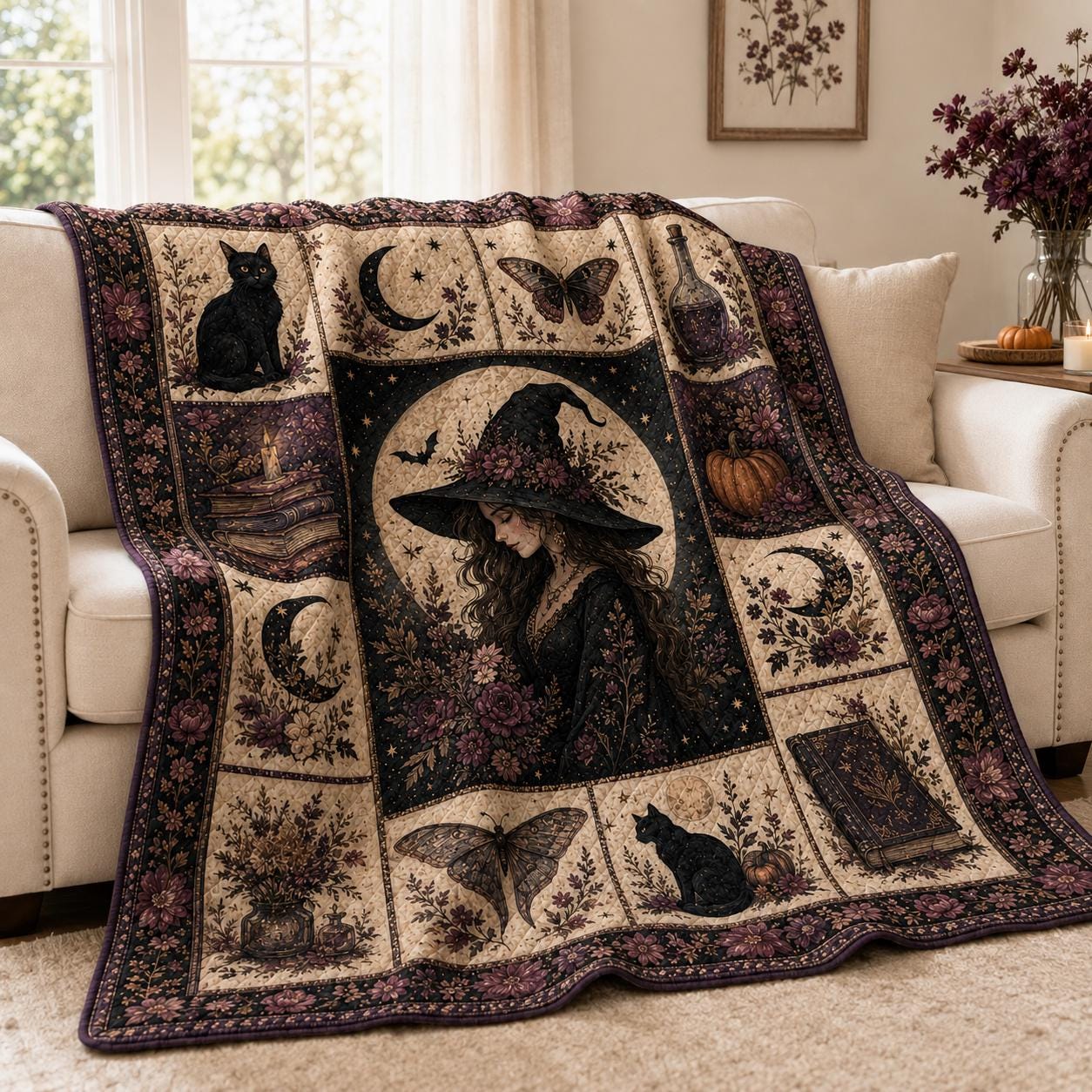 Feminist Witch and Black Cat Halloween Throw Blanket – Cottagecore Gothic Decor and Spooky Season Gift for Her
