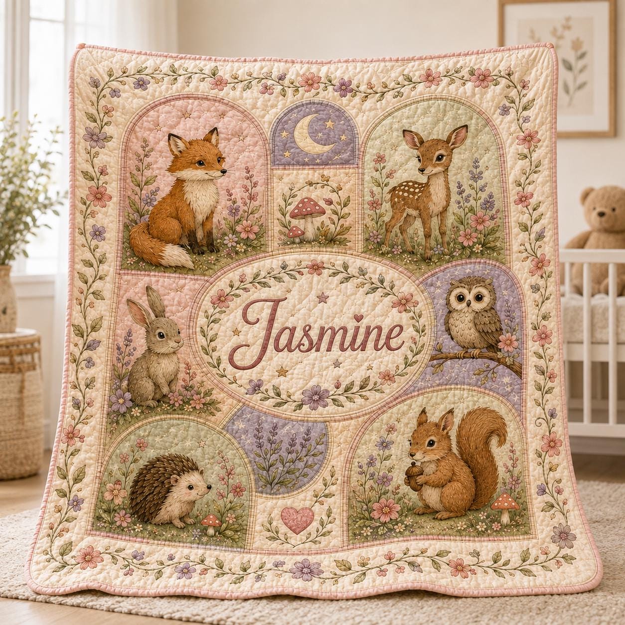 Throw Blanket – Personalized Woodland Animals Quilt with Custom Name Nursery Blanket and Floral Patchwork Baby Girl Cottagecore Forest Animal Gift