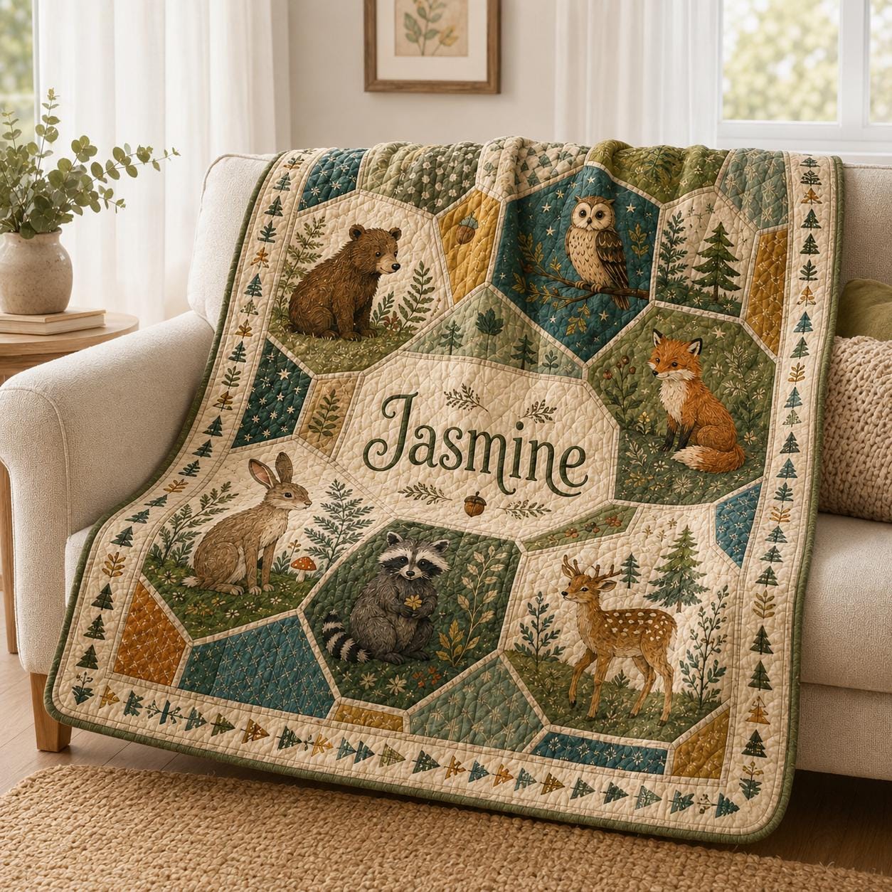 Throw Blanket – Personalized Woodland Animals Quilt with Custom Name Nursery Blanket and Floral Patchwork Baby Girl Cottagecore Forest Animal Gift - photo 2
