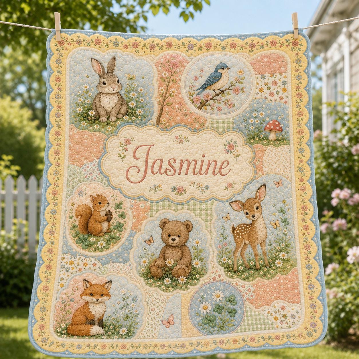 Throw Blanket – Personalized Woodland Animals Quilt with Custom Name Nursery Blanket and Floral Patchwork Baby Girl Cottagecore Forest Animal Gift - photo 3