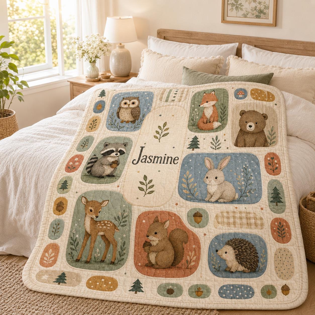 Throw Blanket – Personalized Woodland Animals Quilt with Custom Name Nursery Blanket and Floral Patchwork Baby Girl Cottagecore Forest Animal Gift - photo 7