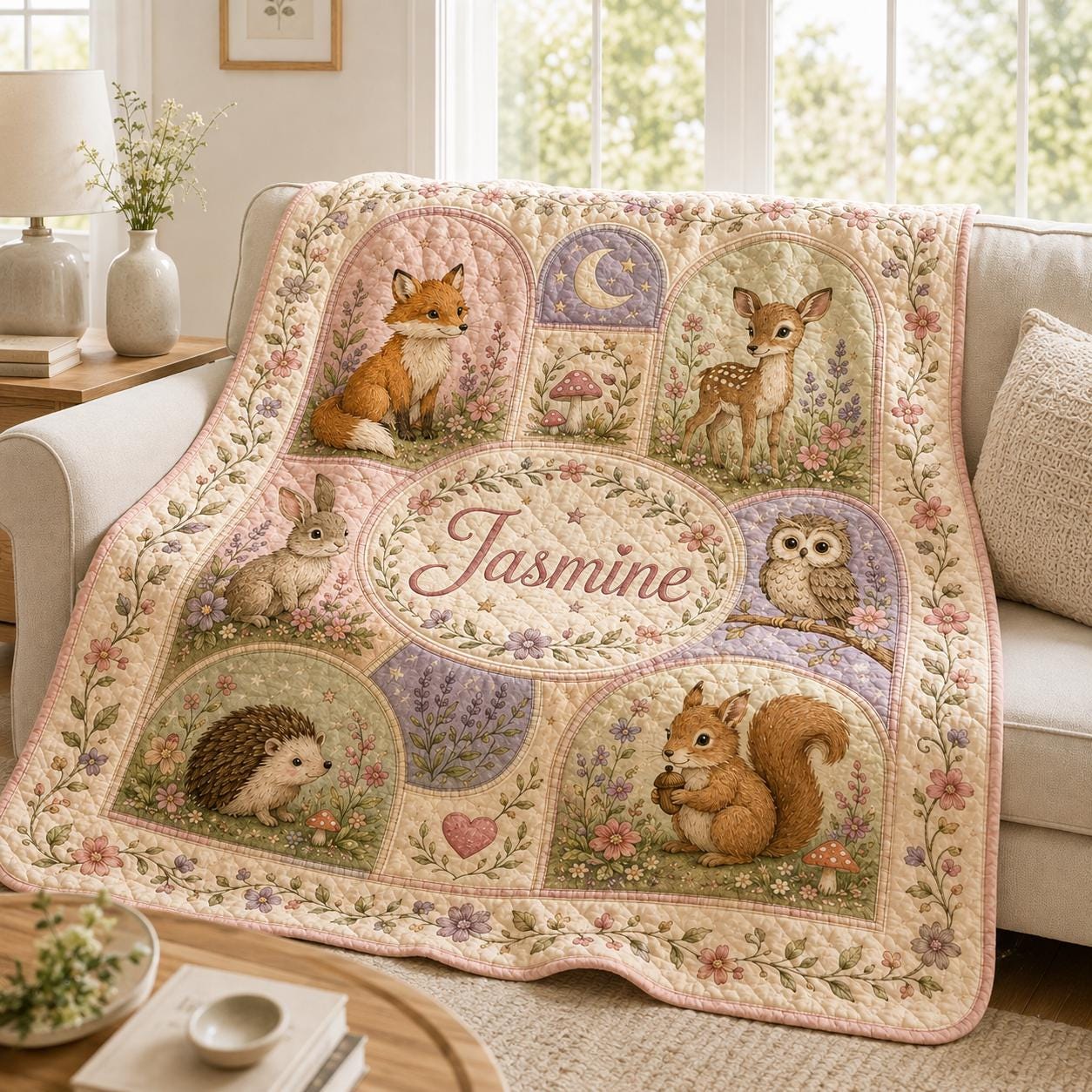 Throw Blanket – Personalized Woodland Animals Quilt with Custom Name Nursery Blanket and Floral Patchwork Baby Girl Cottagecore Forest Animal Gift - photo 8