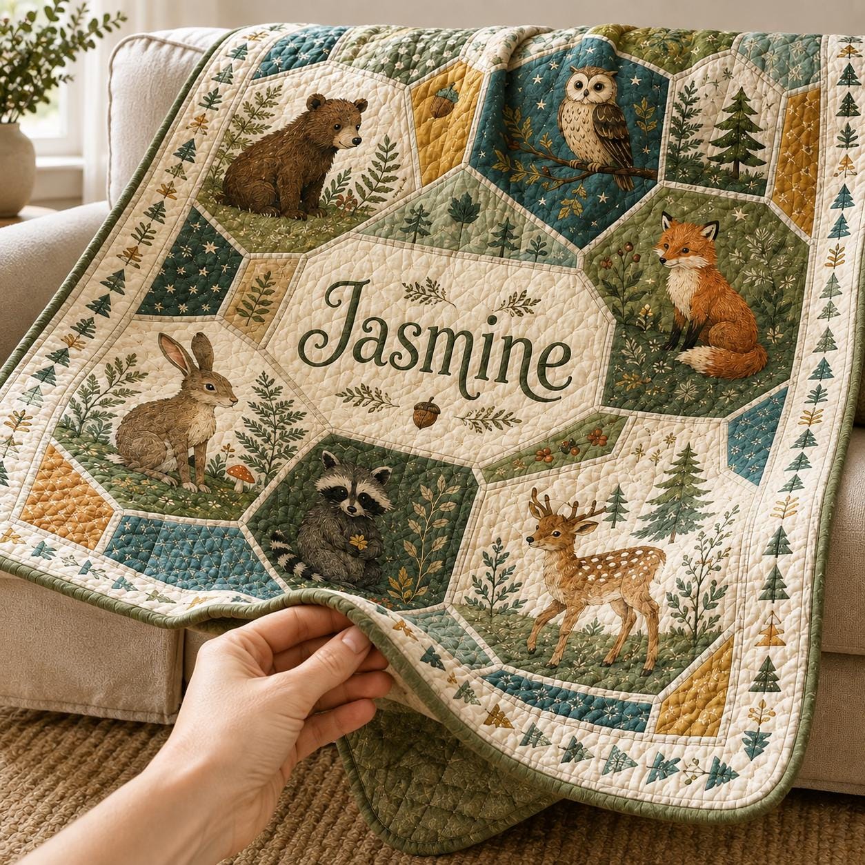 Throw Blanket – Personalized Woodland Animals Quilt with Custom Name Nursery Blanket and Floral Patchwork Baby Girl Cottagecore Forest Animal Gift - photo 9