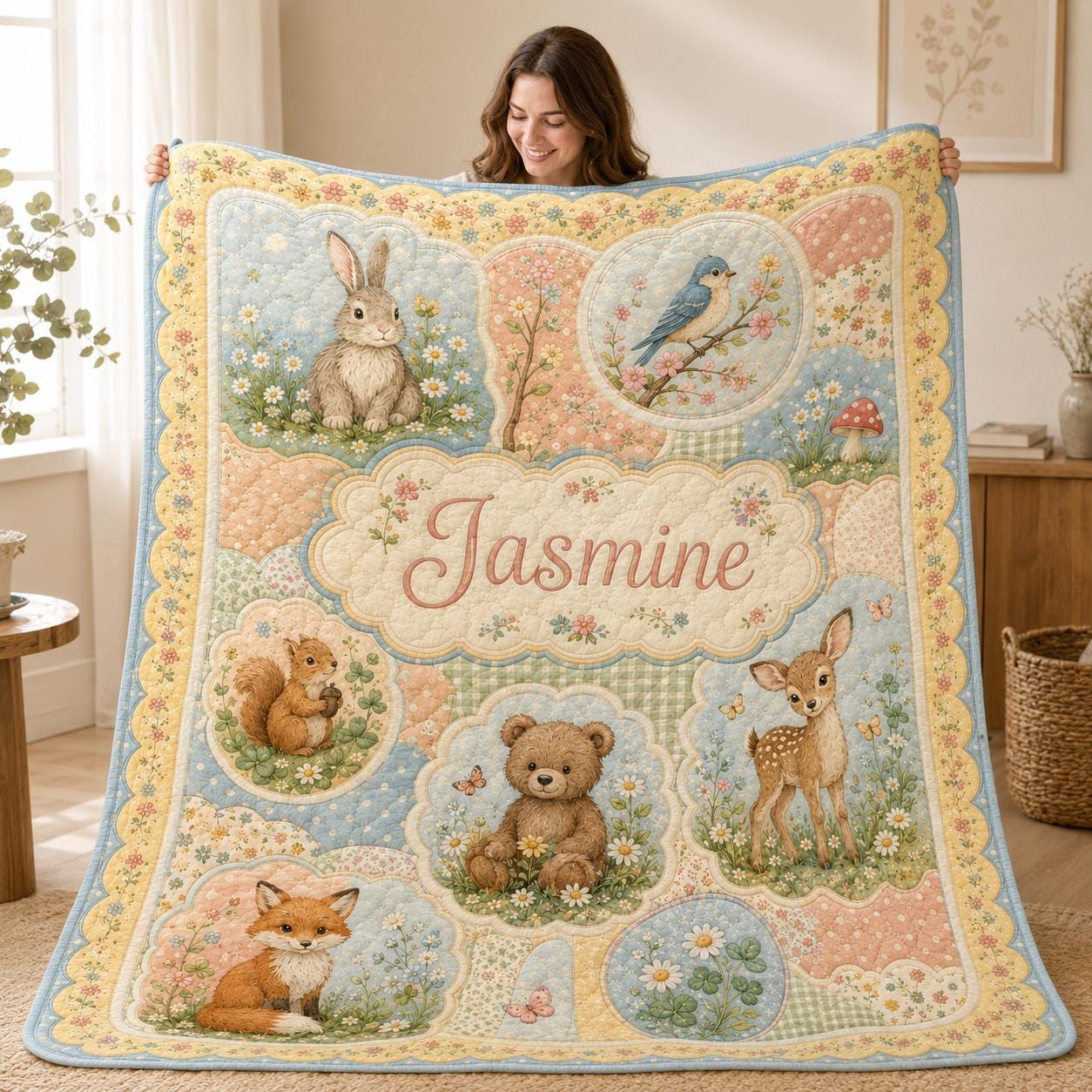 Throw Blanket – Personalized Woodland Animals Quilt with Custom Name Nursery Blanket and Floral Patchwork Baby Girl Cottagecore Forest Animal Gift - photo 10