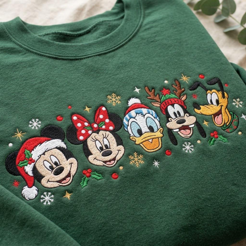 Embroidered Mickey and Friends Christmas Sweatshirt with Minnie Donald Goofy Pluto – Disney Holiday Vacation Crewneck Shirt