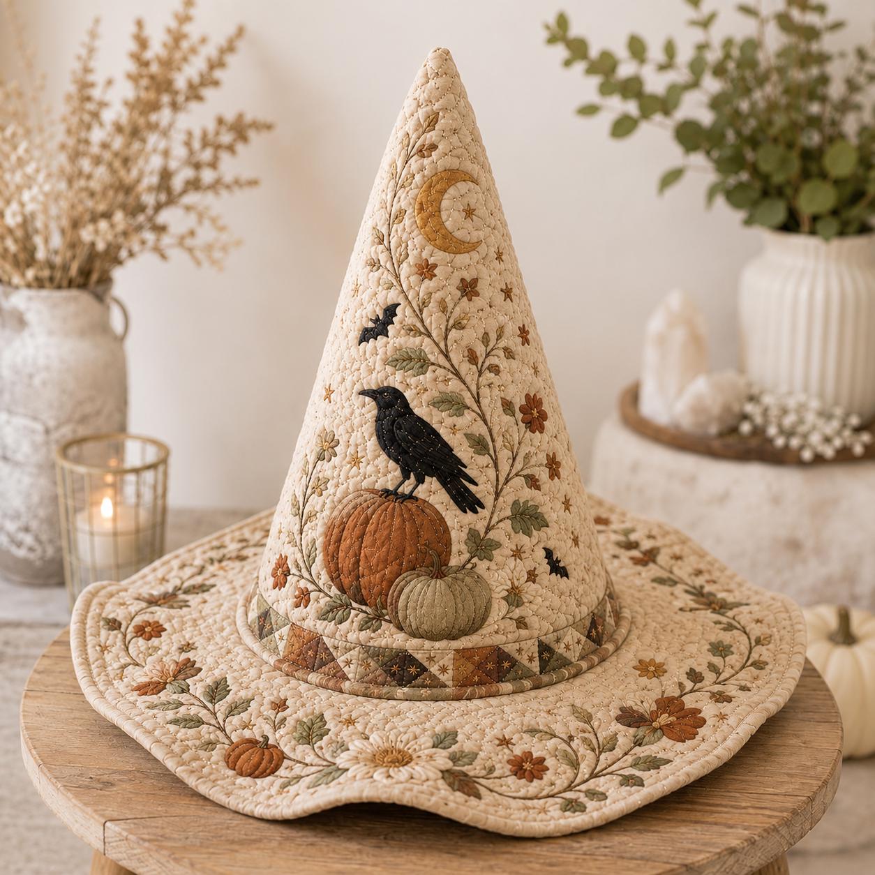 Quilted Witch Hat Halloween Decor with Pumpkin Raven Table Centerpiece, Cottagecore Fall Decor, and Witchy Gift for Halloween Lovers