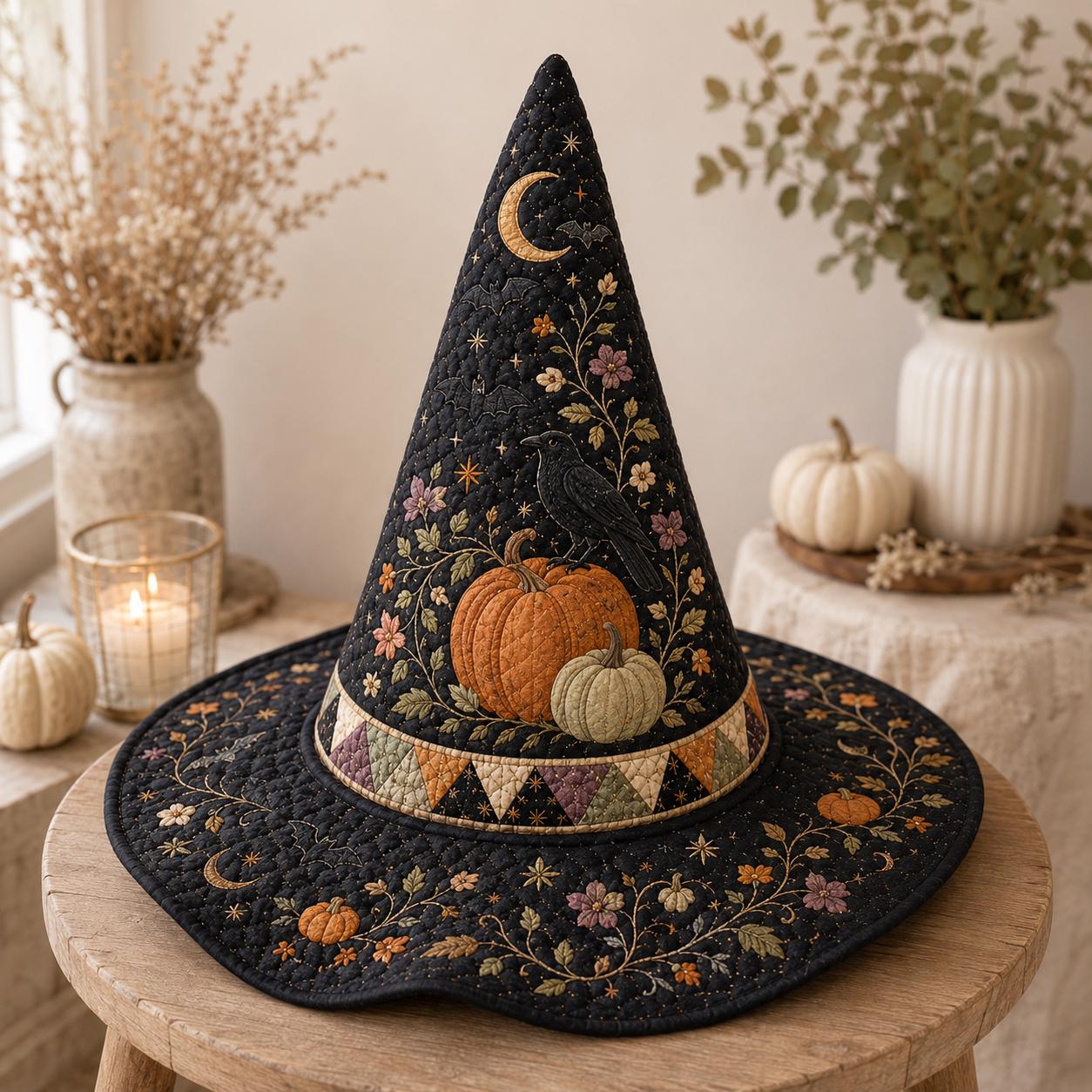 Quilted Witch Hat Halloween Decor with Pumpkin Raven Table Centerpiece, Cottagecore Fall Decor, and Witchy Gift for Halloween Lovers - photo 2