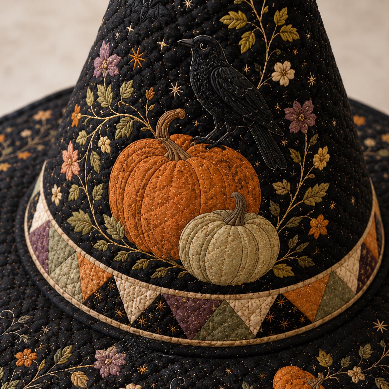 Quilted Witch Hat Halloween Decor with Pumpkin Raven Table Centerpiece, Cottagecore Fall Decor, and Witchy Gift for Halloween Lovers - photo 4