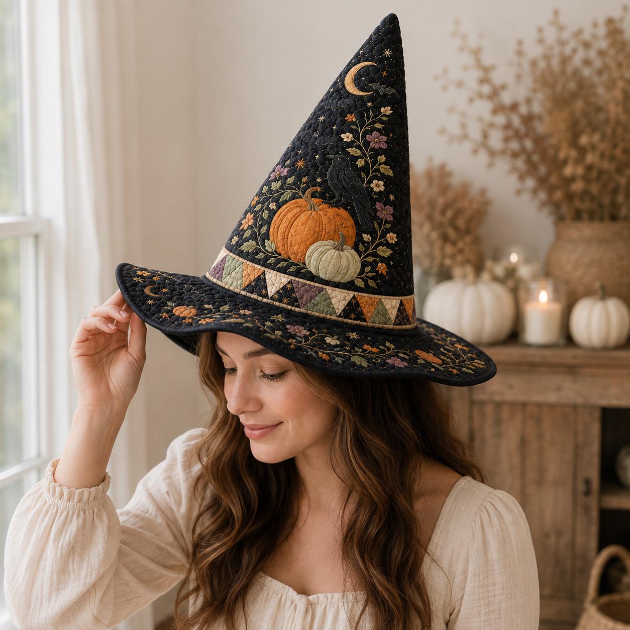 Quilted Witch Hat Halloween Decor with Pumpkin Raven Table Centerpiece, Cottagecore Fall Decor, and Witchy Gift for Halloween Lovers - photo 6