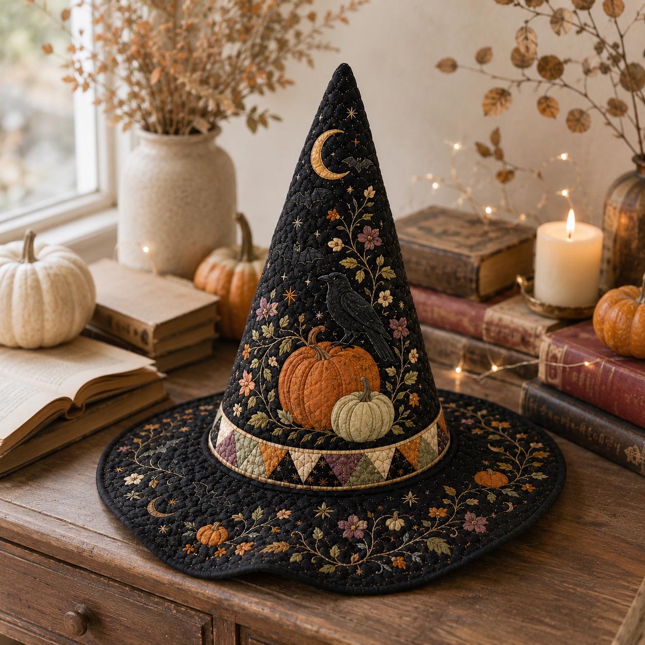Quilted Witch Hat Halloween Decor with Pumpkin Raven Table Centerpiece, Cottagecore Fall Decor, and Witchy Gift for Halloween Lovers - photo 7