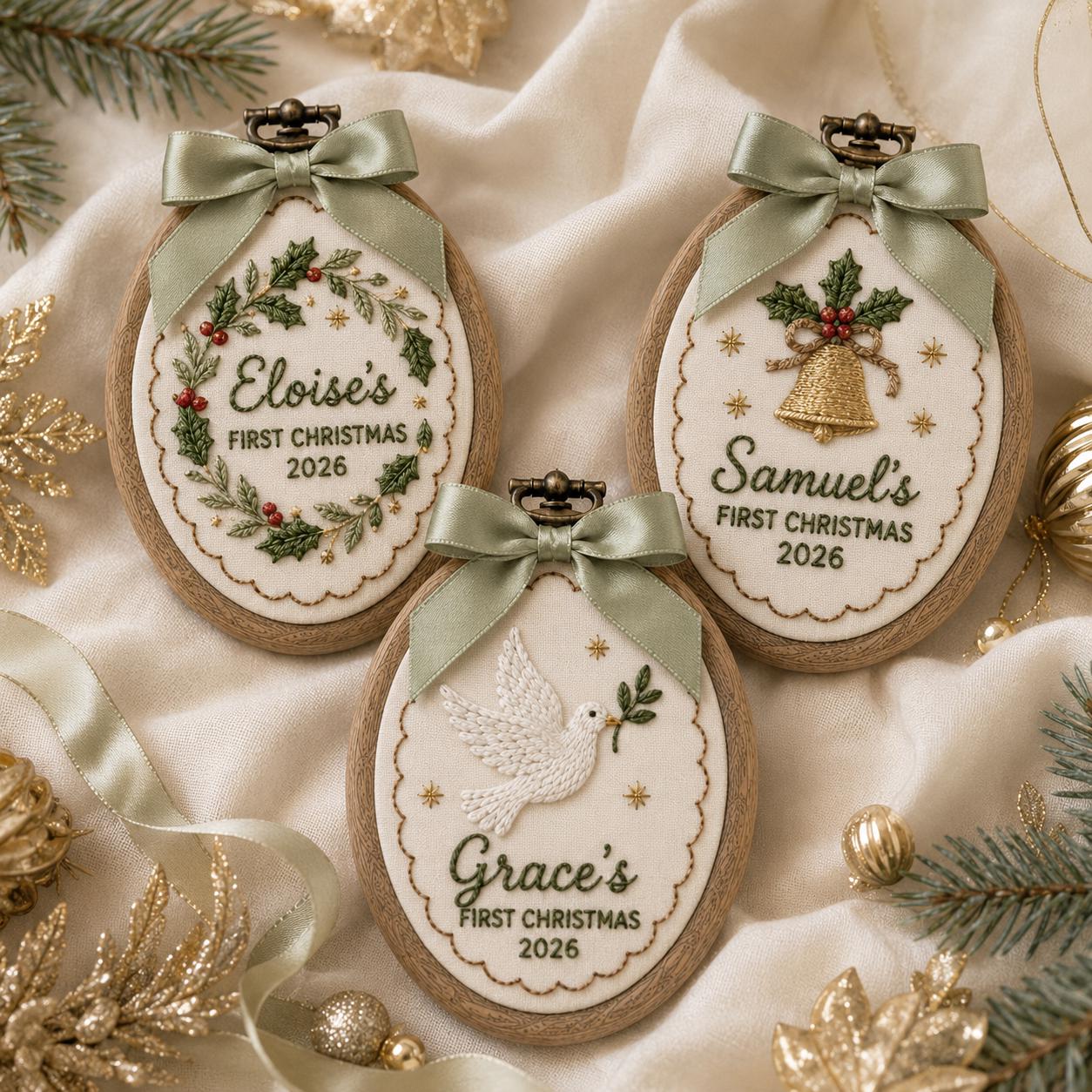 Personalized First Christmas Ornament with Custom Name Embroidered Hoop, Holly Bell Dove Baby Keepsake, and Heirloom Holiday Gift Christmas 2026