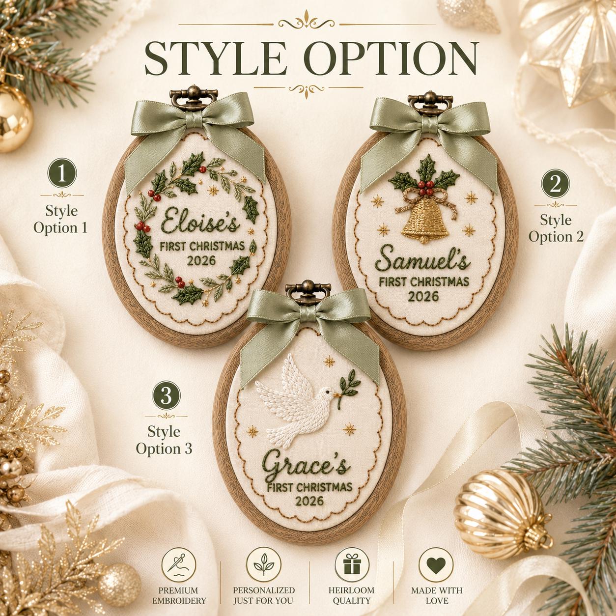 Personalized First Christmas Ornament with Custom Name Embroidered Hoop, Holly Bell Dove Baby Keepsake, and Heirloom Holiday Gift Christmas 2026 - photo 3