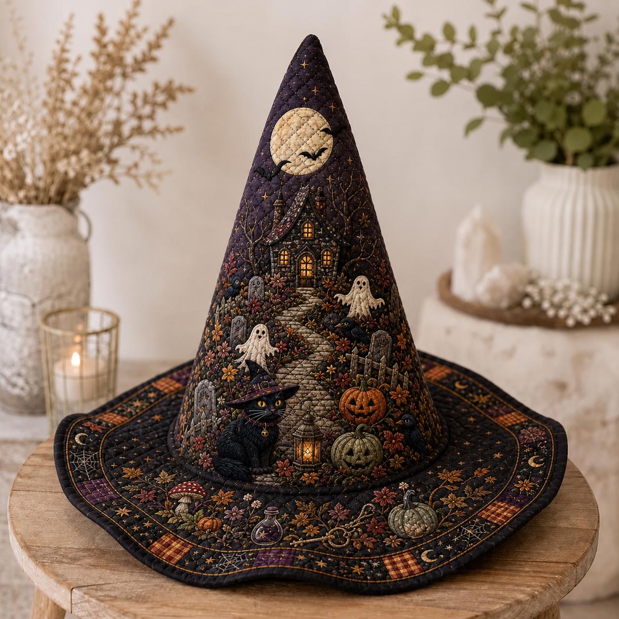 Quilted Witch Hat Halloween Decor with Haunted House Ghost Black Cat Centerpiece, Pumpkin Witchy Table Decor, and Spooky Fall Gift