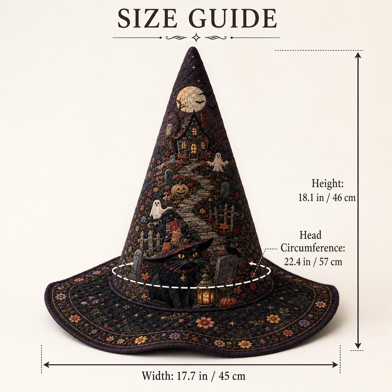Quilted Witch Hat Halloween Decor with Haunted House Ghost Black Cat Centerpiece, Pumpkin Witchy Table Decor, and Spooky Fall Gift - photo 2