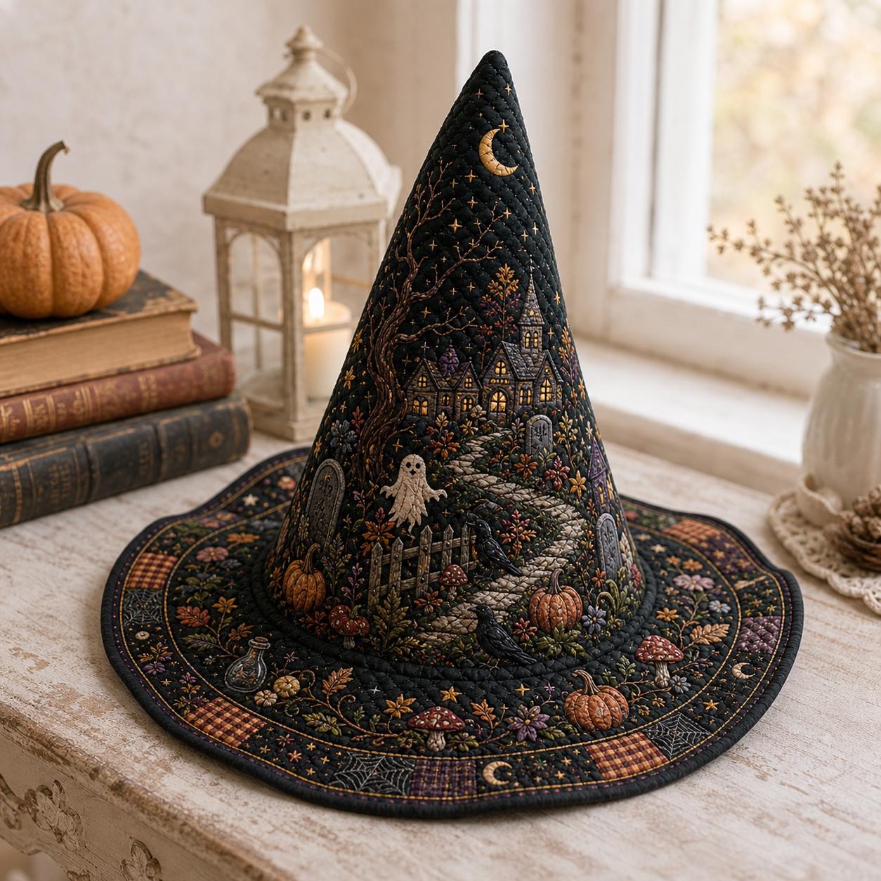 Quilted Witch Hat Halloween Decor with Haunted House Ghost Black Cat Centerpiece, Pumpkin Witchy Table Decor, and Spooky Fall Gift - photo 3