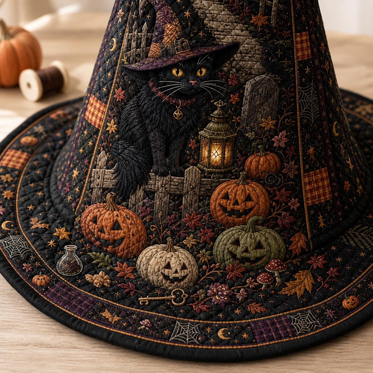 Quilted Witch Hat Halloween Decor with Haunted House Ghost Black Cat Centerpiece, Pumpkin Witchy Table Decor, and Spooky Fall Gift - photo 4