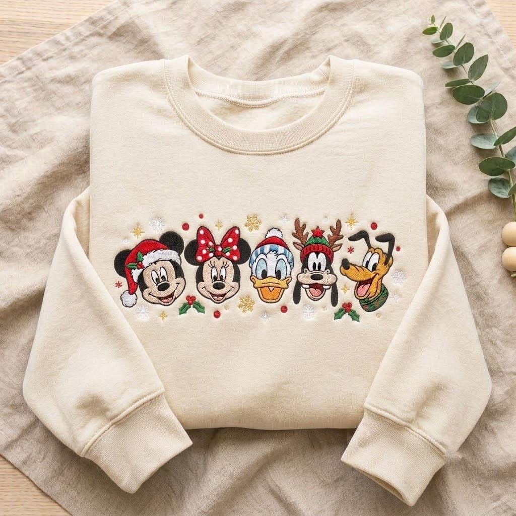 Embroidered Disney Holiday Christmas Sweatshirt with Mickey Minnie Donald Goofy Pluto – Magical Family Vacation Crewneck Shirt - photo 6
