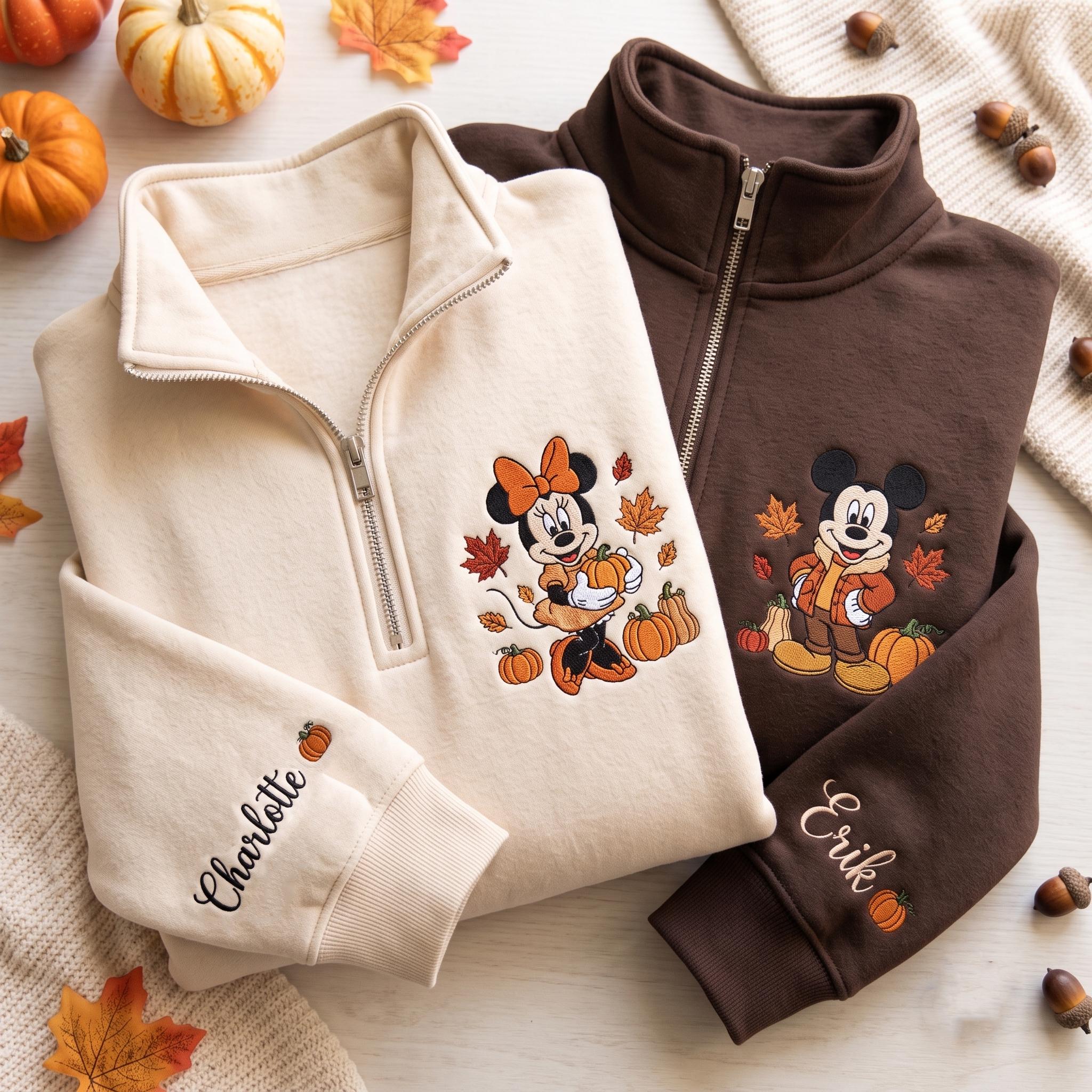 Custom Embroidered Disney Halloween Quarter Zip with Minnie Pumpkin and Mickey for a Cozy Fall Disneyland Vacation Gift