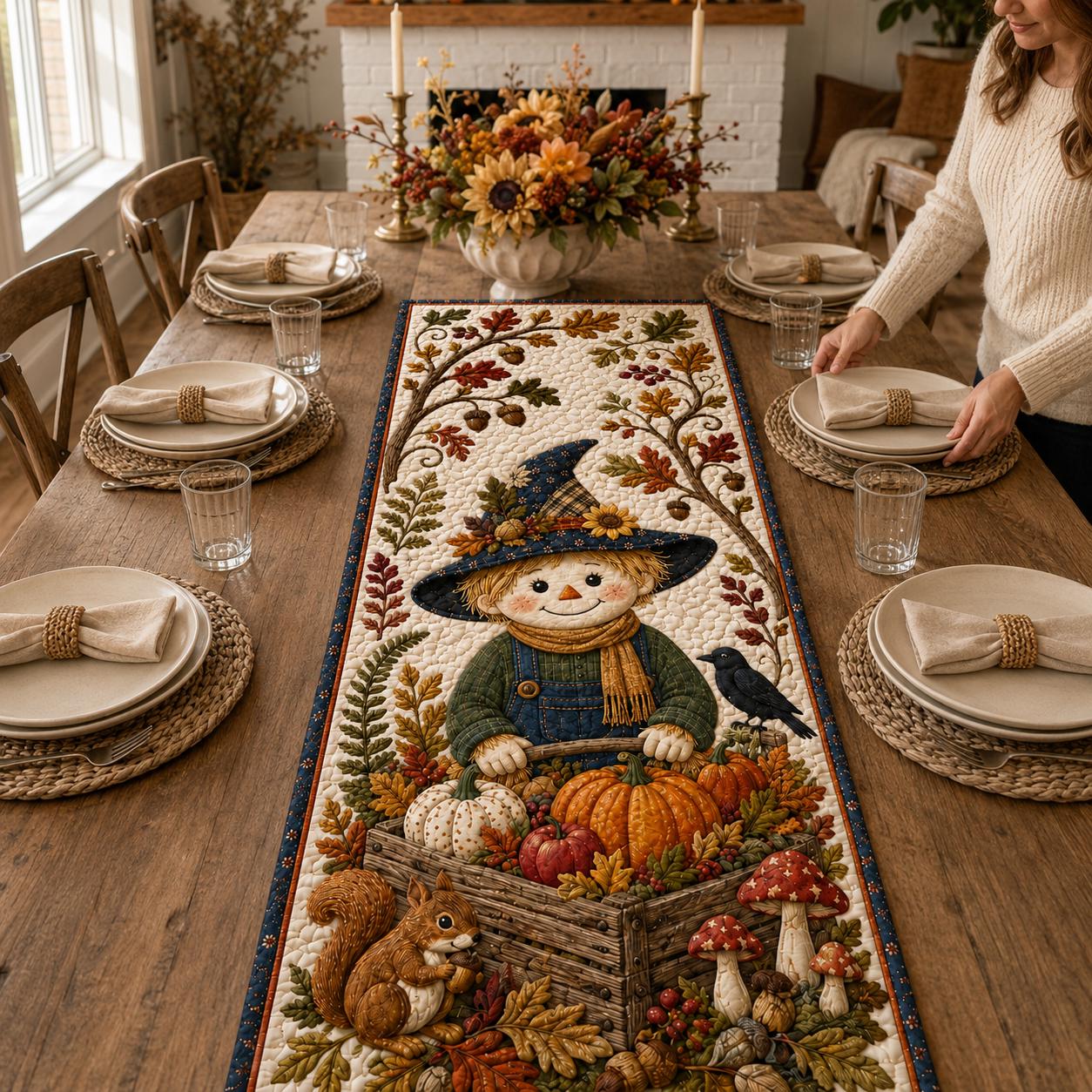 Scarecrow Table Runner with Quilt Style Pumpkin Harvest Runner, Fall Dining Table Decor, and Autumn Farmhouse Centerpiece