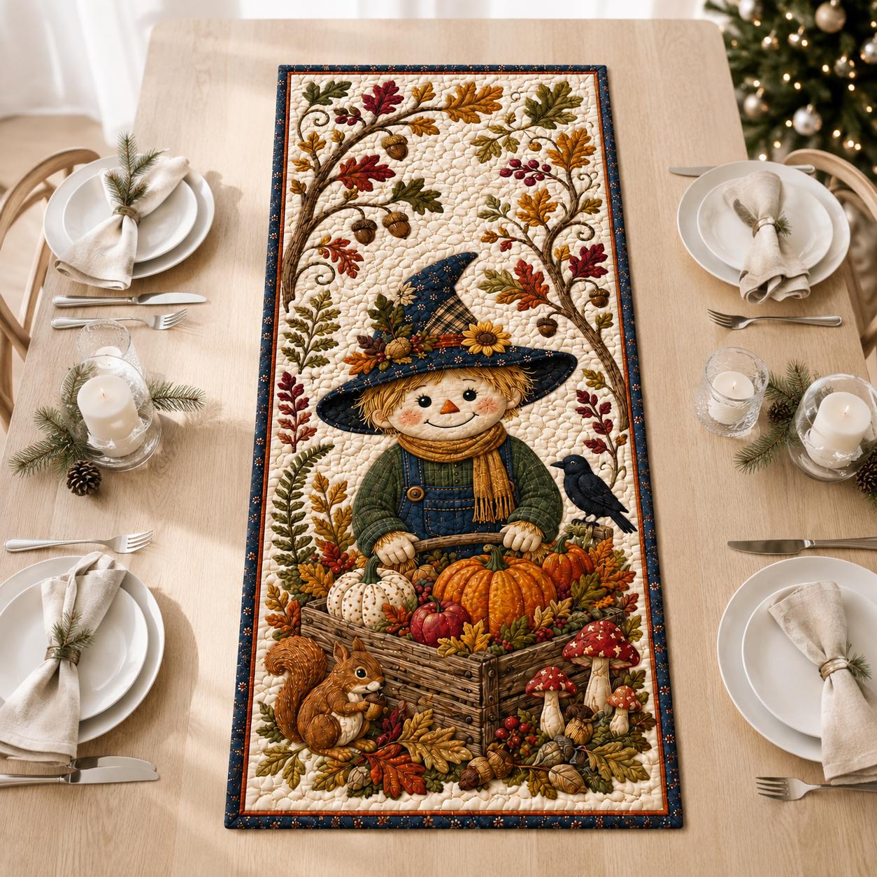 Scarecrow Table Runner with Quilt Style Pumpkin Harvest Runner, Fall Dining Table Decor, and Autumn Farmhouse Centerpiece - photo 3