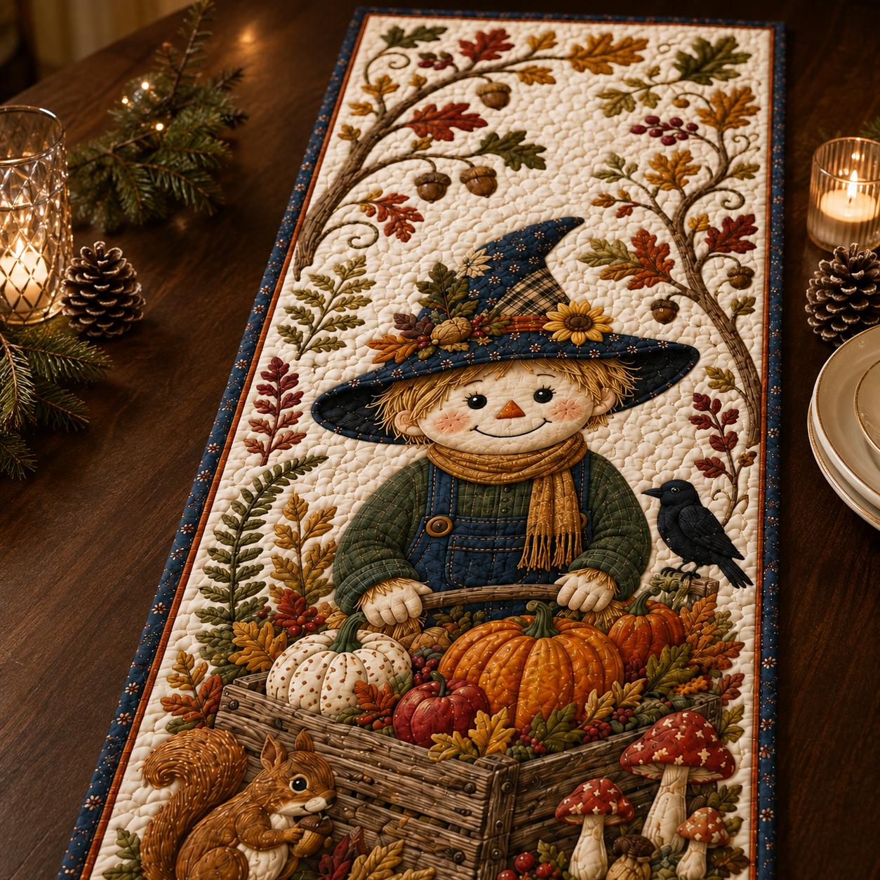 Scarecrow Table Runner with Quilt Style Pumpkin Harvest Runner, Fall Dining Table Decor, and Autumn Farmhouse Centerpiece - photo 4