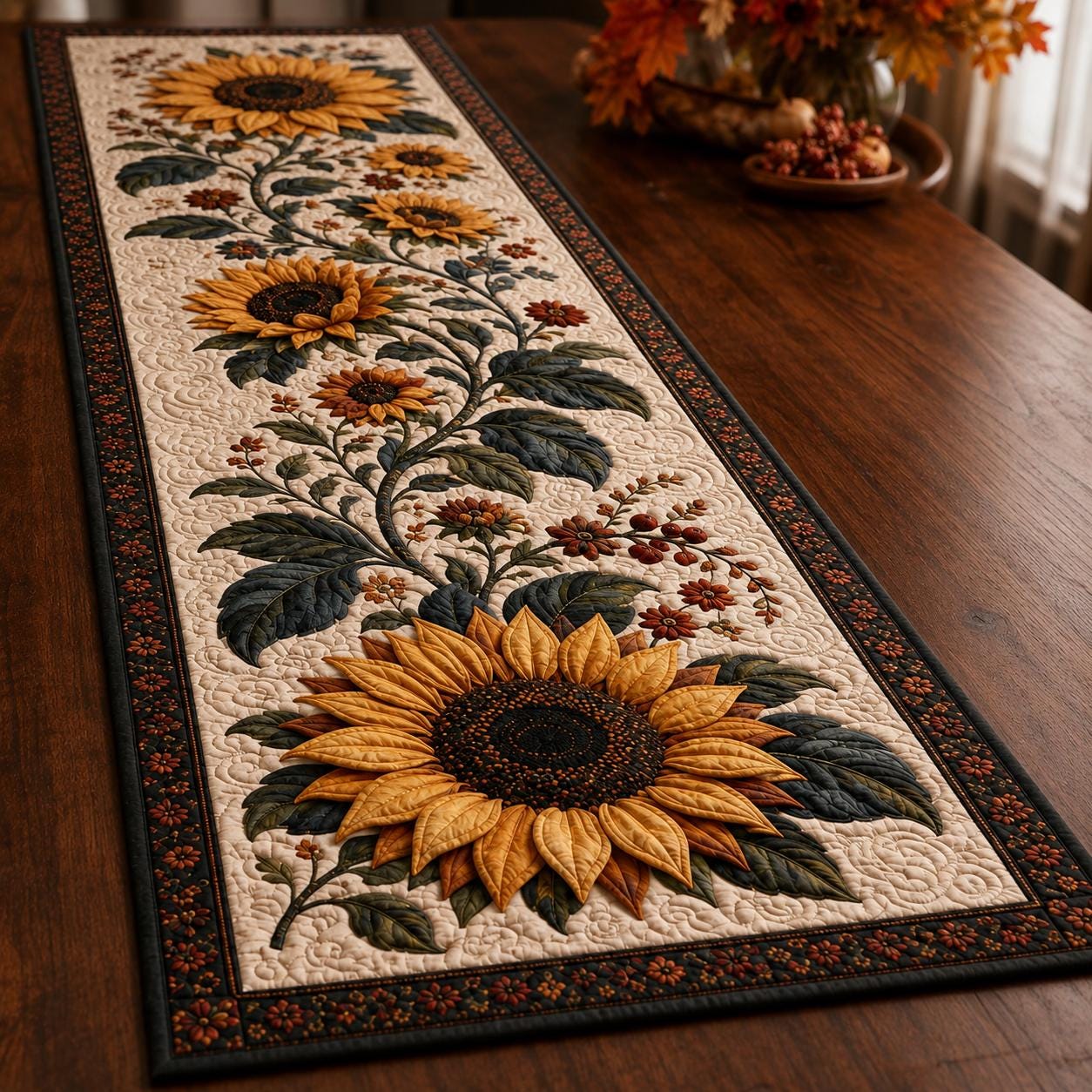 Quilt Style Sunflower Botanical Flower Table Runner – Rustic Farmhouse Garden Centerpiece for Dining Table Decor
