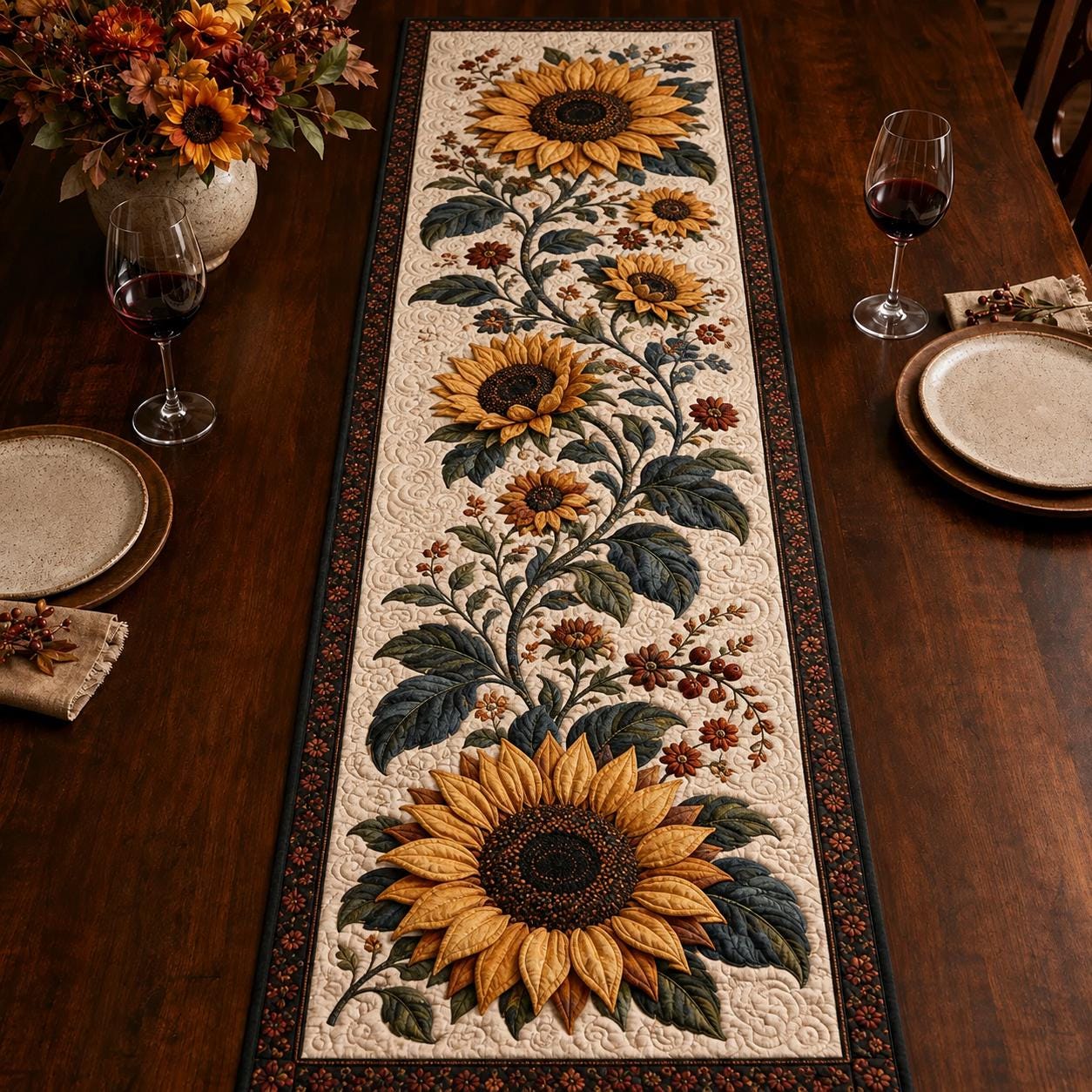 Quilt Style Sunflower Botanical Flower Table Runner – Rustic Farmhouse Garden Centerpiece for Dining Table Decor - photo 2