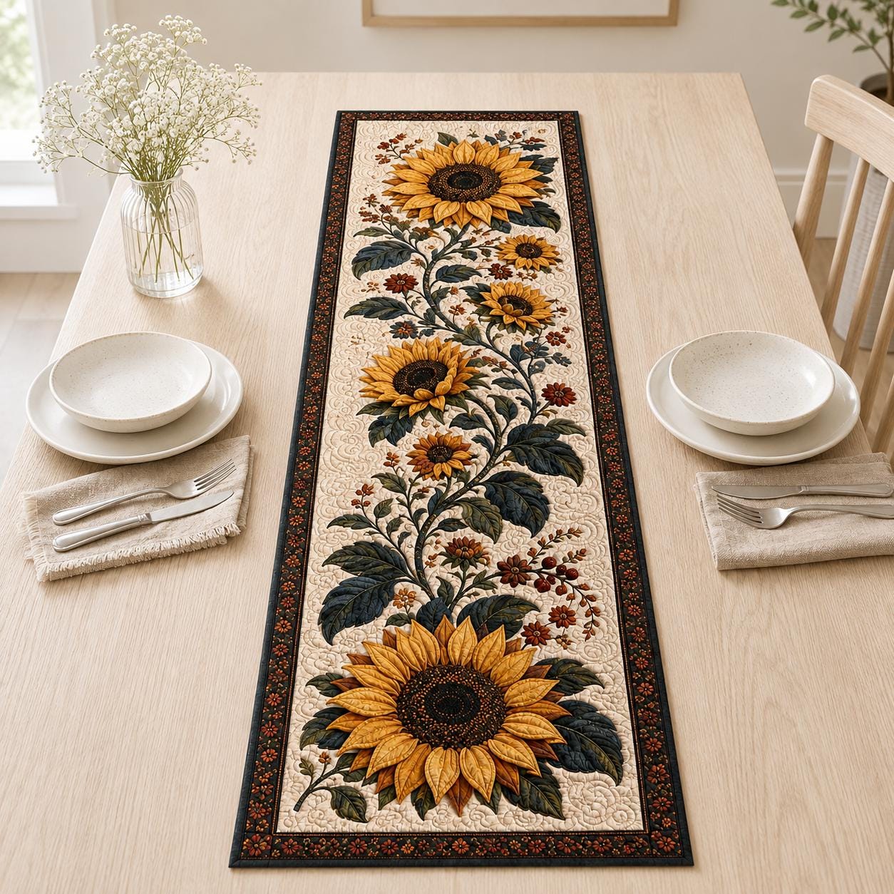 Quilt Style Sunflower Botanical Flower Table Runner – Rustic Farmhouse Garden Centerpiece for Dining Table Decor - photo 4