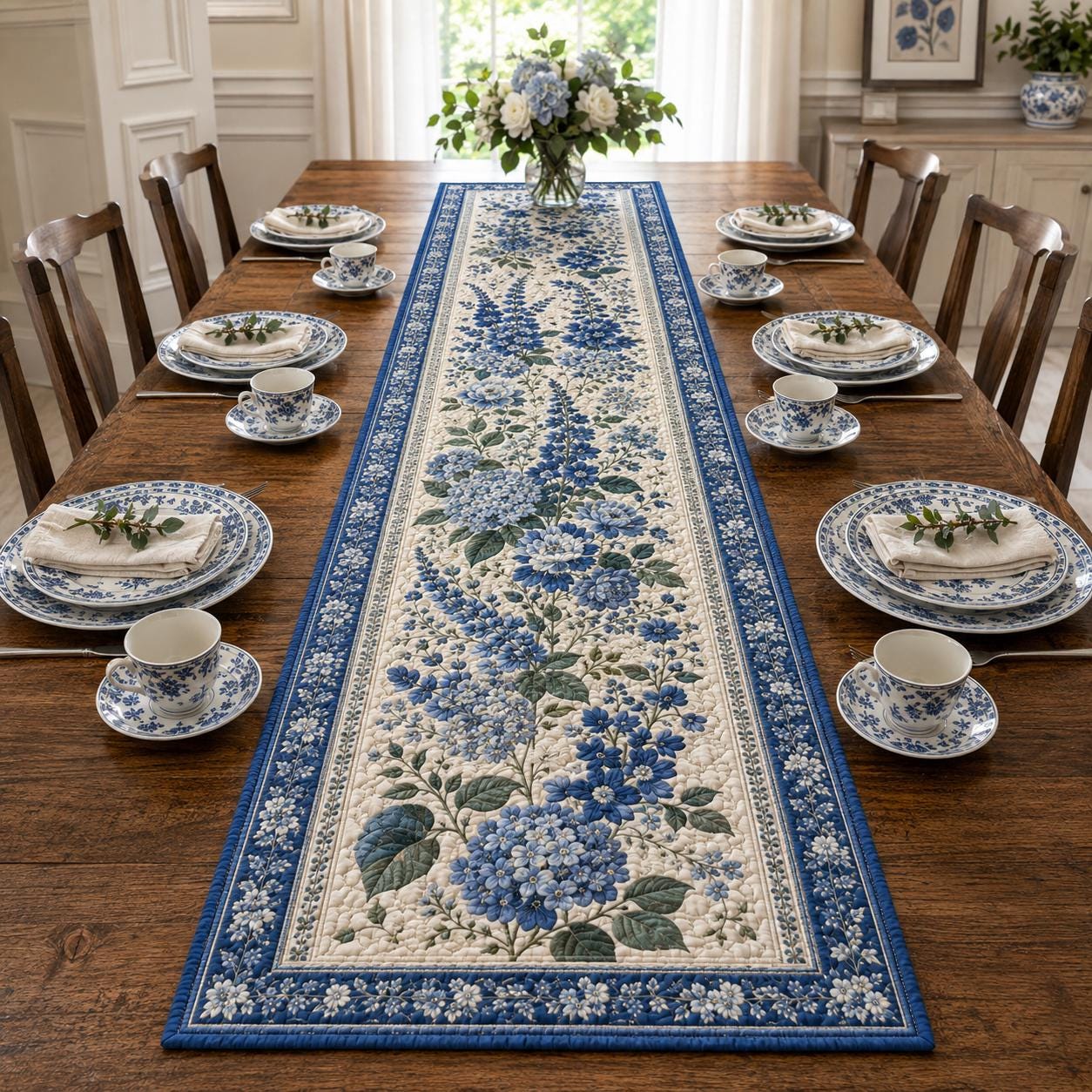 Blue Floral Hydrangea Quilted Botanical Table Runner – Cottage Garden Dining Decor and Housewarming Gift for Flower Lovers