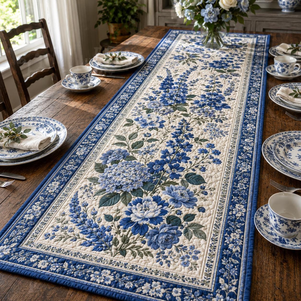 Blue Floral Hydrangea Quilted Botanical Table Runner – Cottage Garden Dining Decor and Housewarming Gift for Flower Lovers - photo 2
