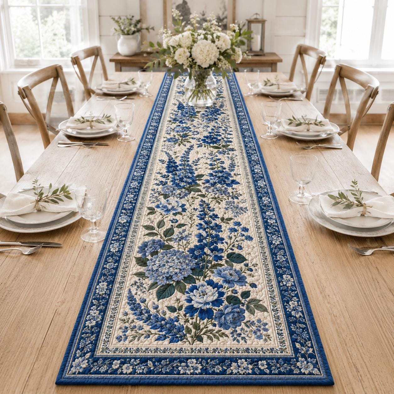 Blue Floral Hydrangea Quilted Botanical Table Runner – Cottage Garden Dining Decor and Housewarming Gift for Flower Lovers - photo 4