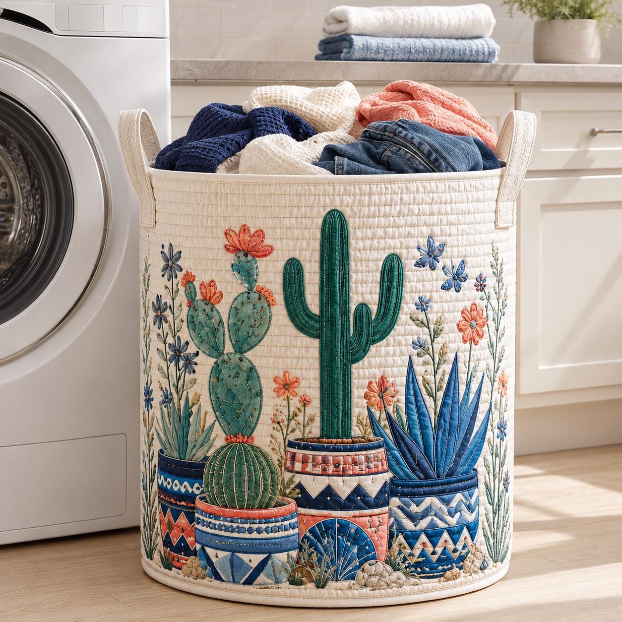 Boho Cactus Quilted Laundry Basket and Desert Plant Storage Hamper Organizer – Southwestern Home Decor Gift for Plant Lovers
