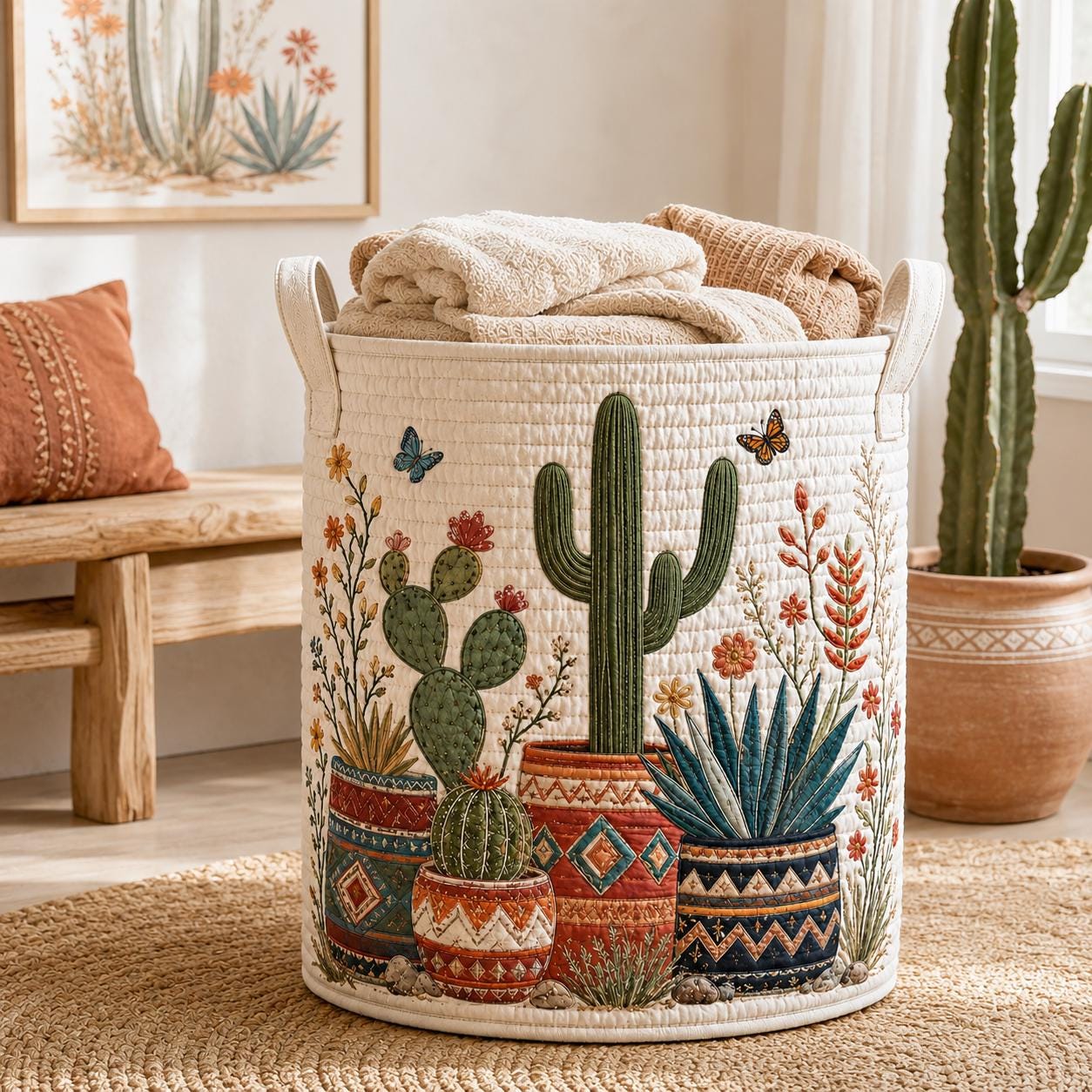 Boho Cactus Quilted Laundry Basket and Desert Plant Storage Hamper Organizer – Southwestern Home Decor Gift for Plant Lovers - photo 2
