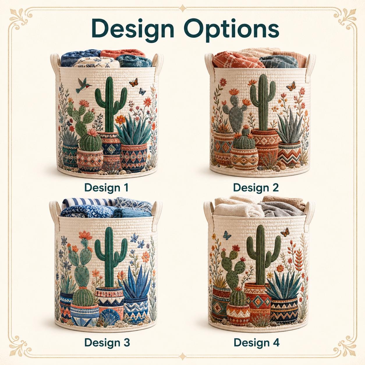 Boho Cactus Quilted Laundry Basket and Desert Plant Storage Hamper Organizer – Southwestern Home Decor Gift for Plant Lovers - photo 3