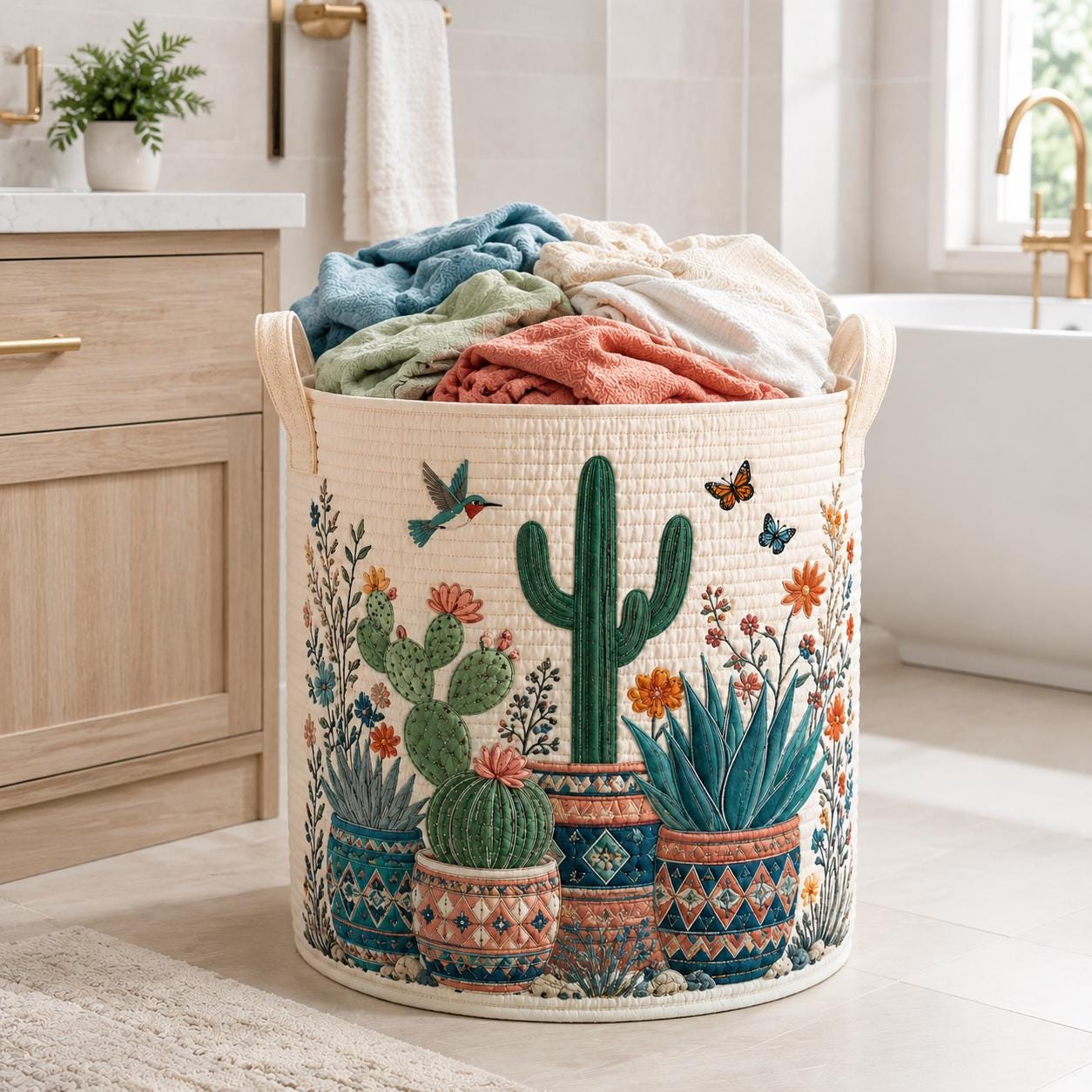 Boho Cactus Quilted Laundry Basket and Desert Plant Storage Hamper Organizer – Southwestern Home Decor Gift for Plant Lovers - photo 5