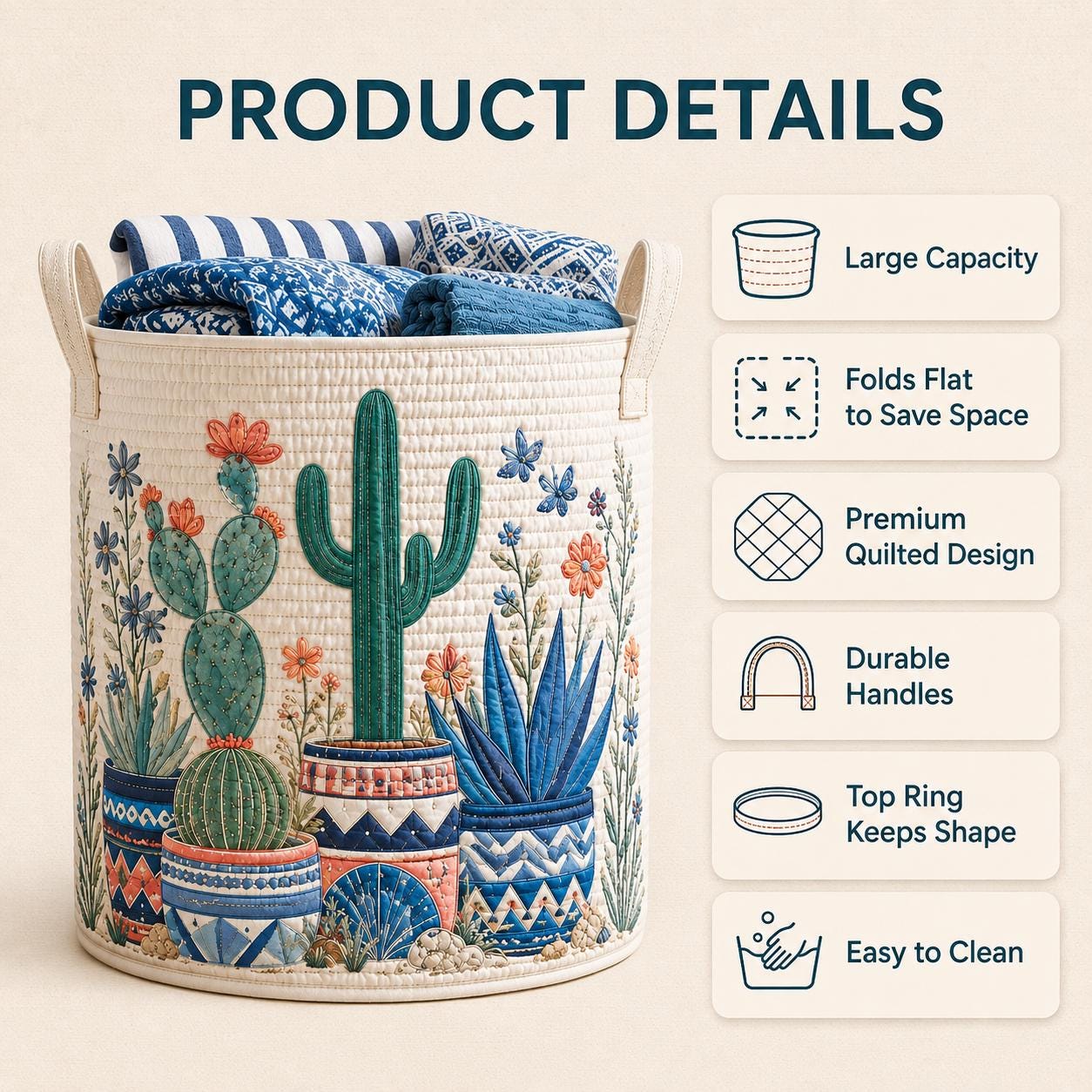 Boho Cactus Quilted Laundry Basket and Desert Plant Storage Hamper Organizer – Southwestern Home Decor Gift for Plant Lovers - photo 6