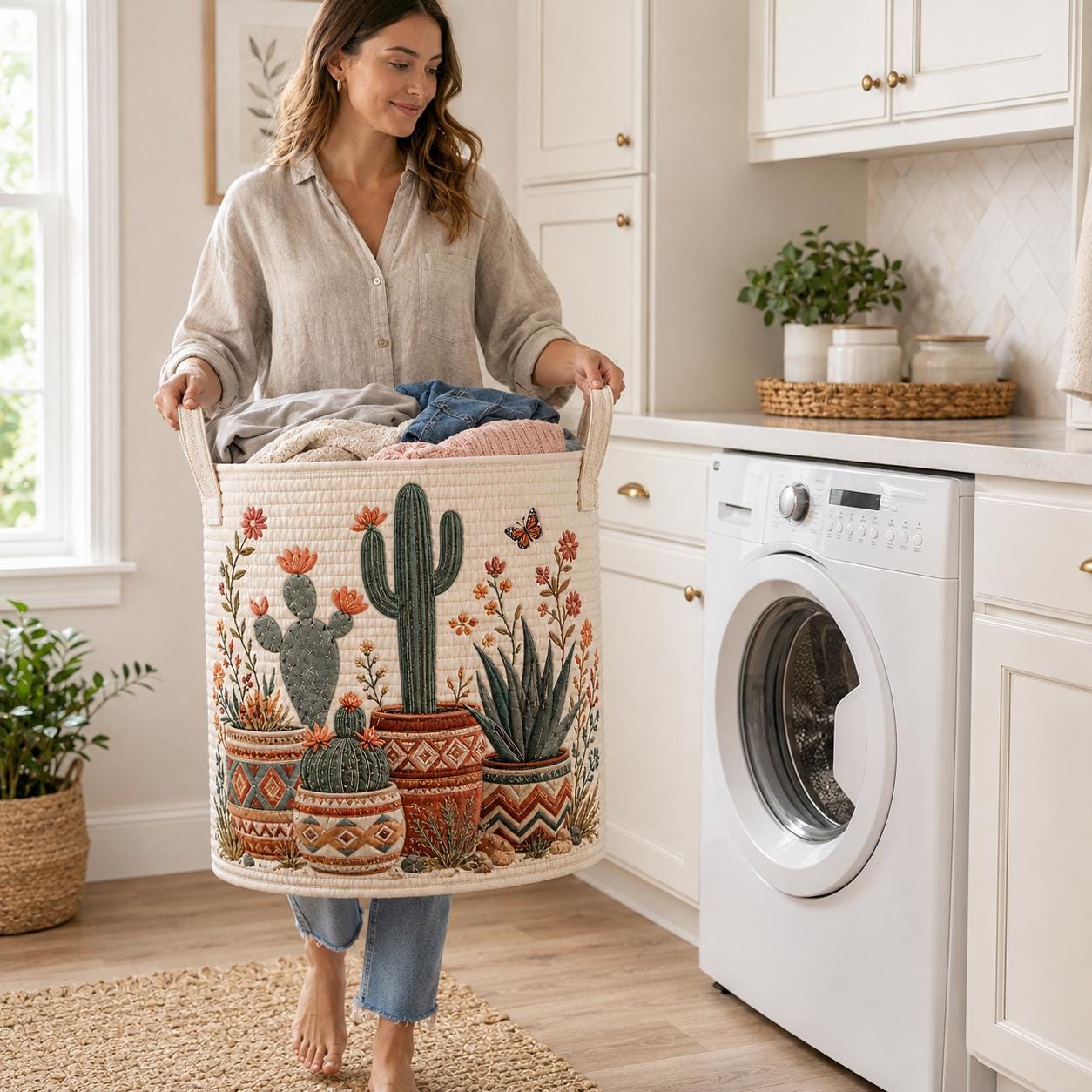 Boho Cactus Quilted Laundry Basket and Desert Plant Storage Hamper Organizer – Southwestern Home Decor Gift for Plant Lovers - photo 7