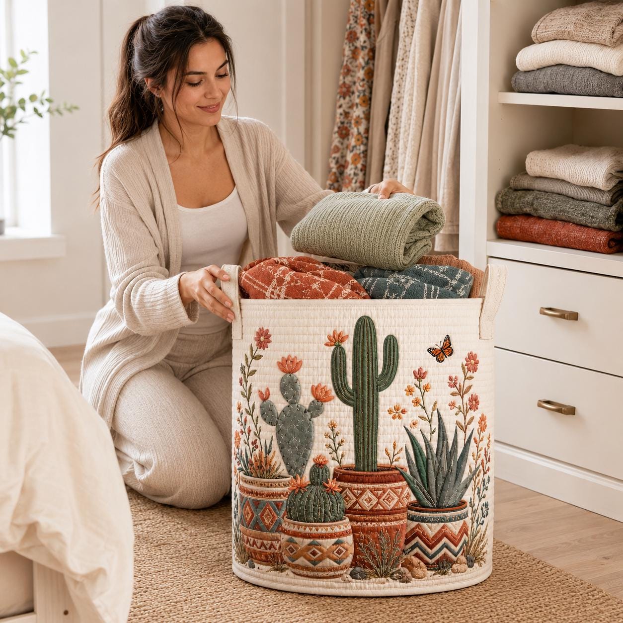 Boho Cactus Quilted Laundry Basket and Desert Plant Storage Hamper Organizer – Southwestern Home Decor Gift for Plant Lovers - photo 8