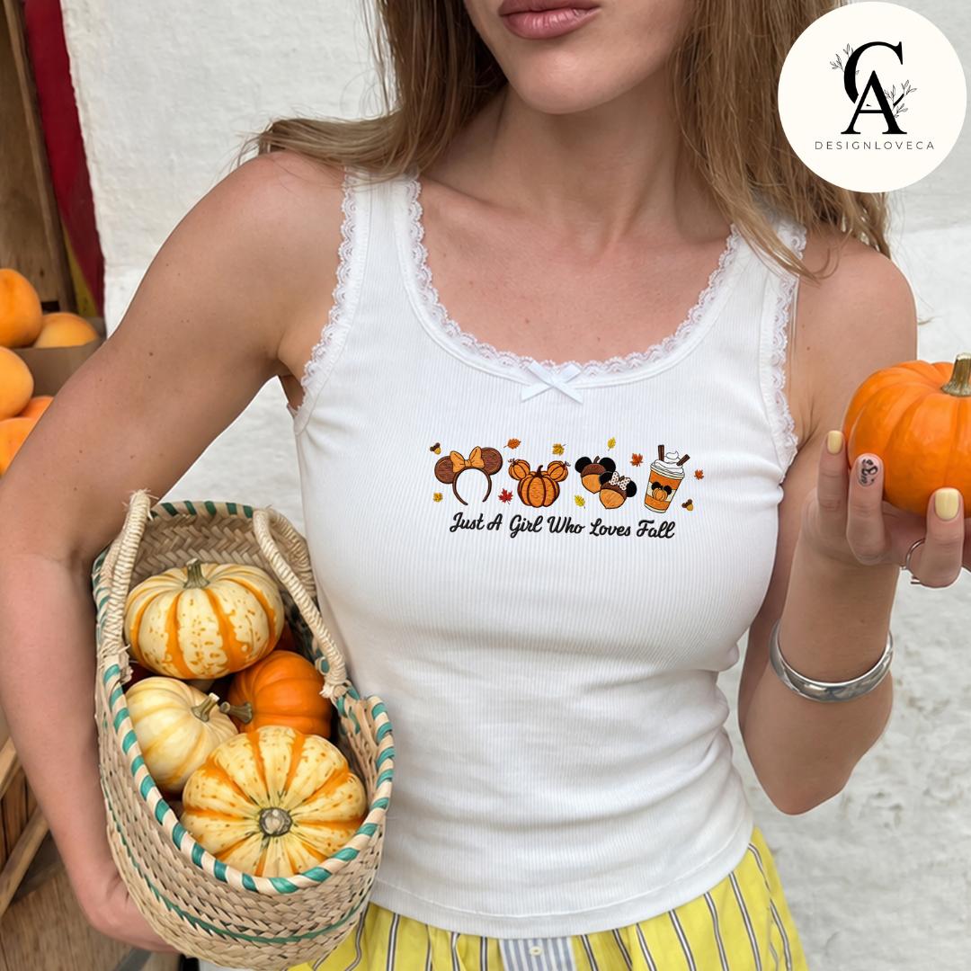 Embroidered Just a Girl Who Loves Fall Disney Baby Tee Crop Tank – Thanksgiving Halloween Fall Vibes Lace Trim Tank Sweater
